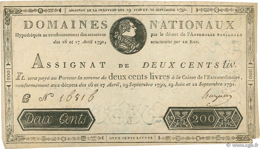 200 Livres FRANCE  1791 Ass.17a TTB+