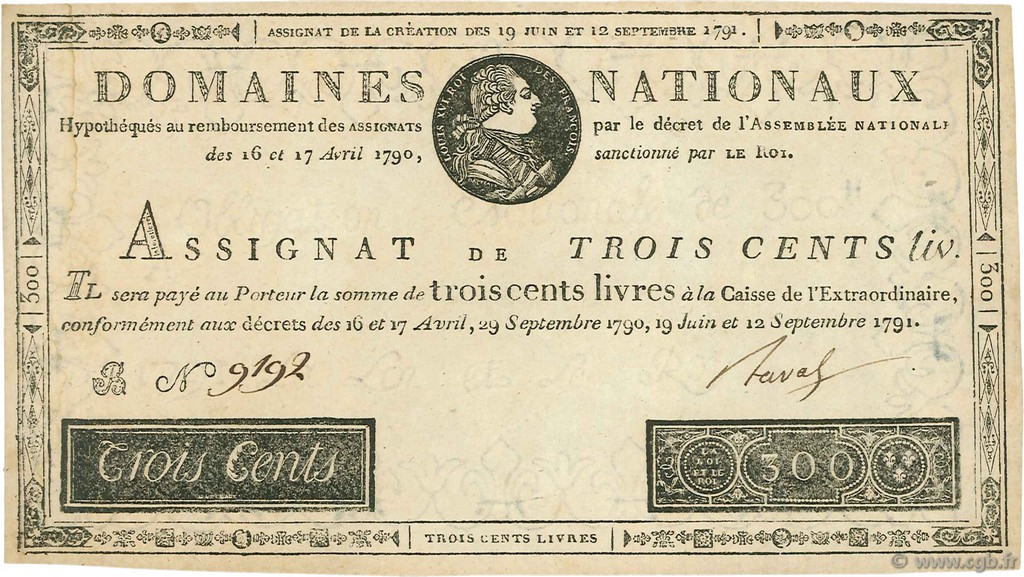 300 Livres FRANCE  1791 Ass.18a SUP