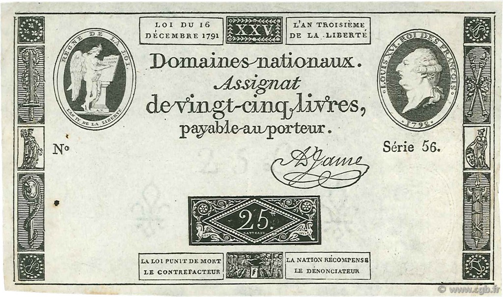 25 Livres FRANCE  1791 Ass.22a TTB