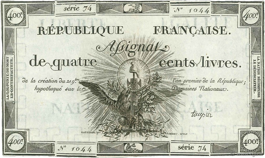 400 Livres FRANCE  1792 Ass.38a TTB+