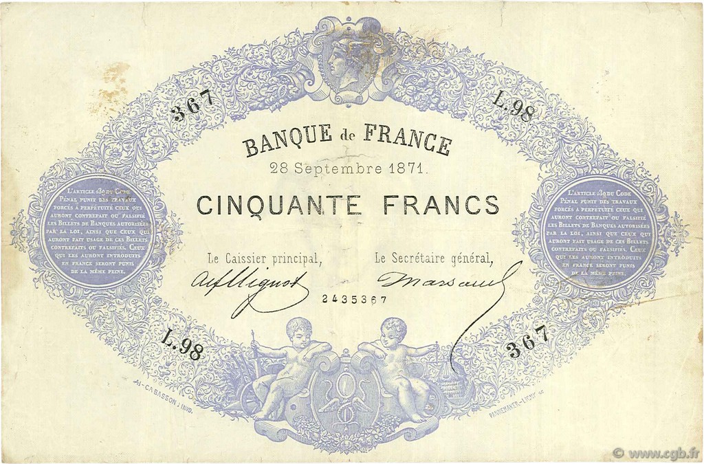 50 Francs type 1868 Indices Noirs FRANCE  1871 F.A38.05 TB+