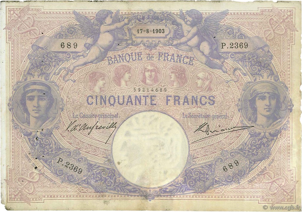 50 Francs BLEU ET ROSE FRANCE  1903 F.14.15 TB à TTB