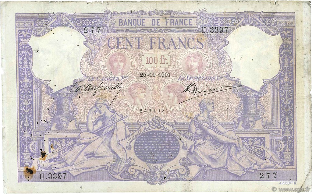 100 Francs BLEU ET ROSE FRANCE  1901 F.21.15 B