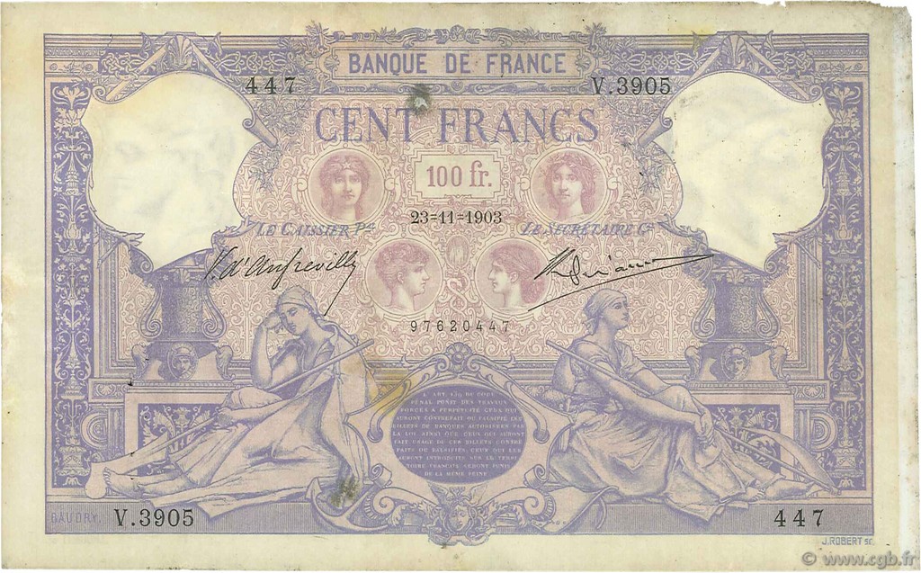 100 Francs BLEU ET ROSE FRANCE  1903 F.21.17 pr.TTB