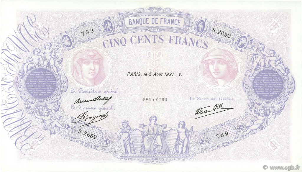 500 Francs BLEU ET ROSE modifié FRANCE  1937 F.31.01 SPL