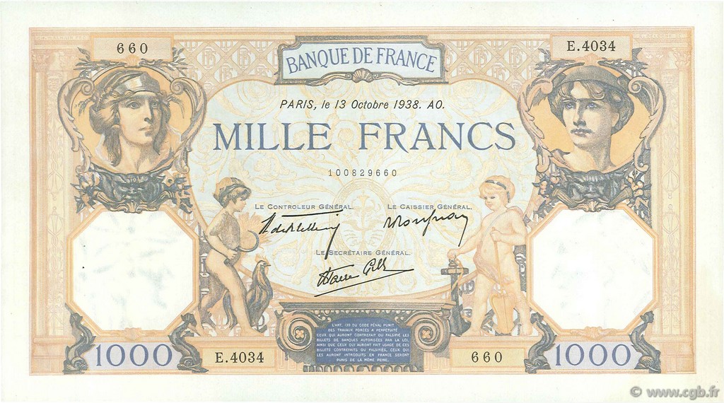 1000 Francs CÉRÈS ET MERCURE type modifié FRANCE  1938 F.38.29 pr.SPL
