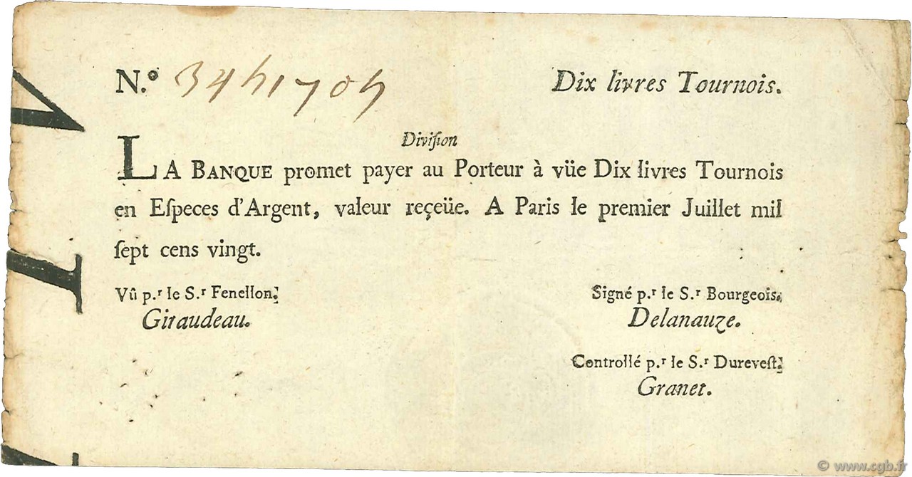 10 Livres Tournois FRANCE  1720 Laf.093 TTB