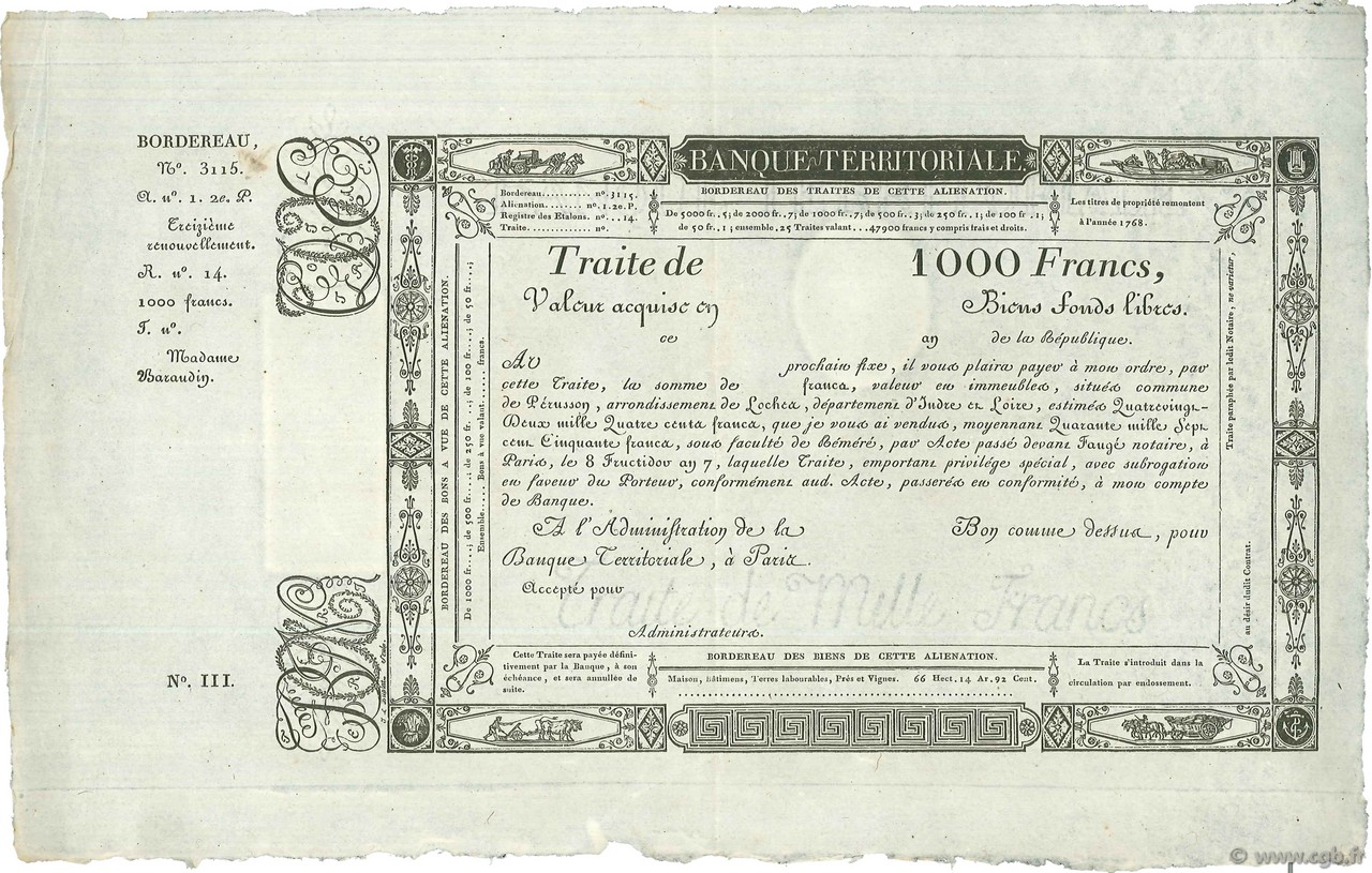 1000 Francs Non émis FRANCE  1800  SUP