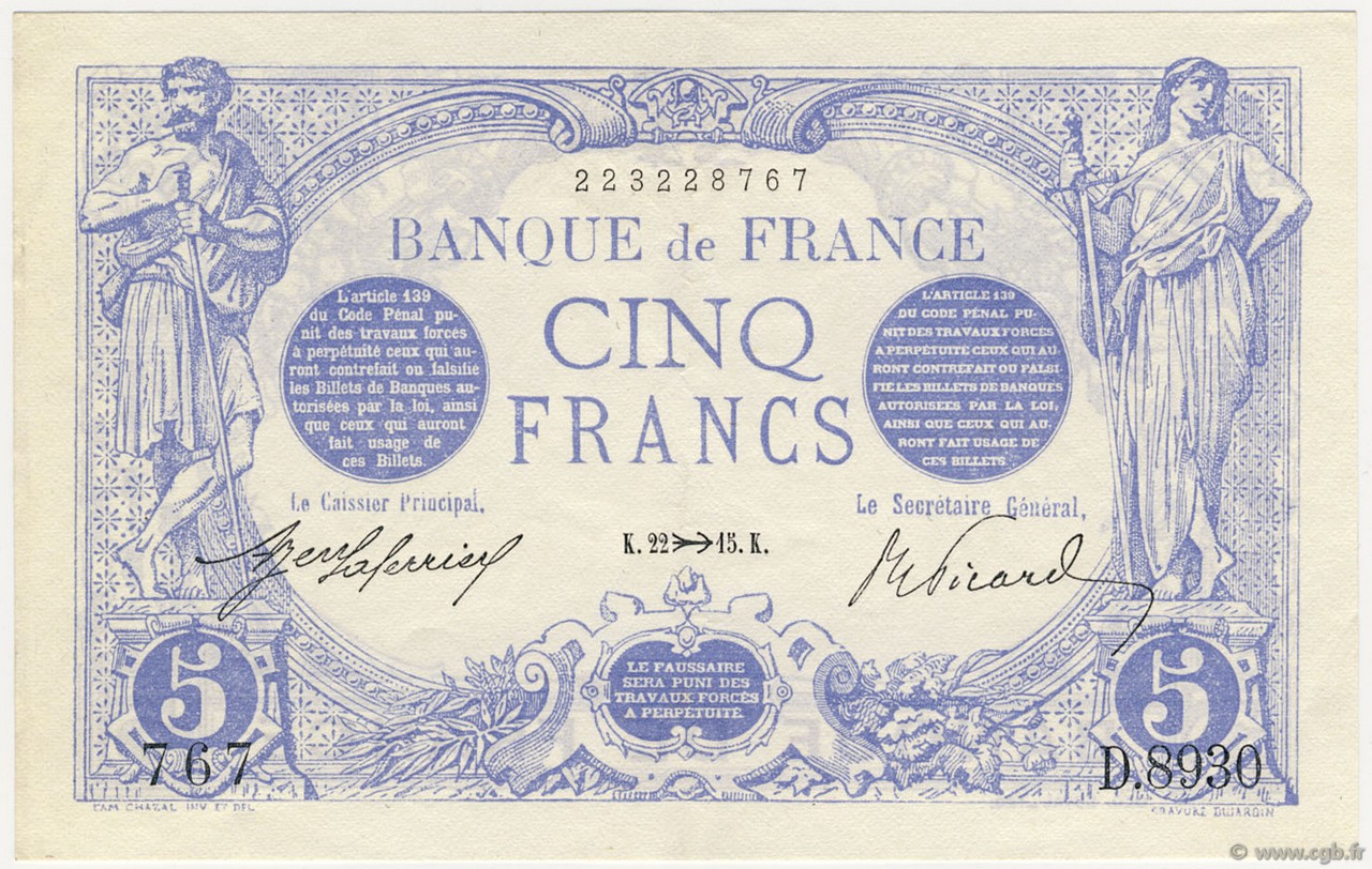 5 Francs BLEU FRANCE  1915 F.02.33 pr.SPL