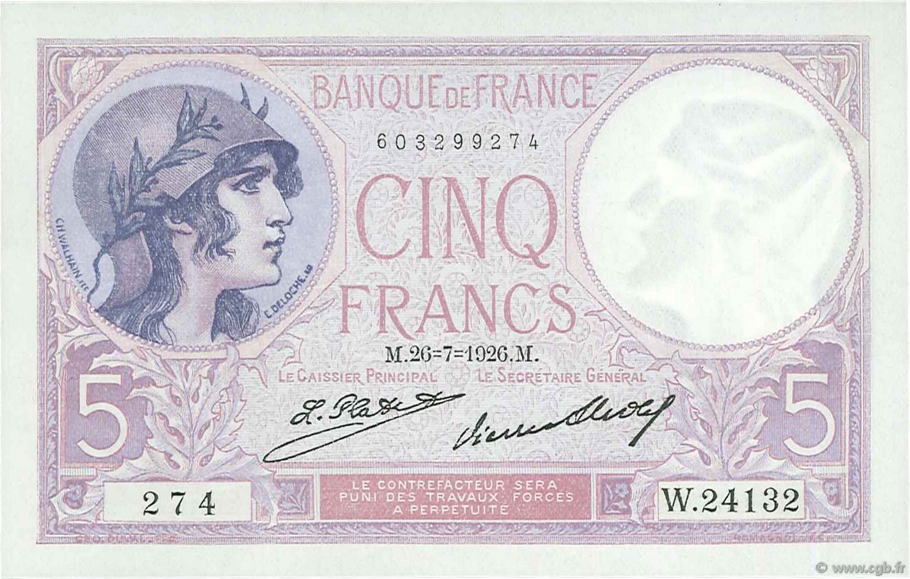 5 Francs FEMME CASQUÉE FRANCE  1926 F.03.10 NEUF