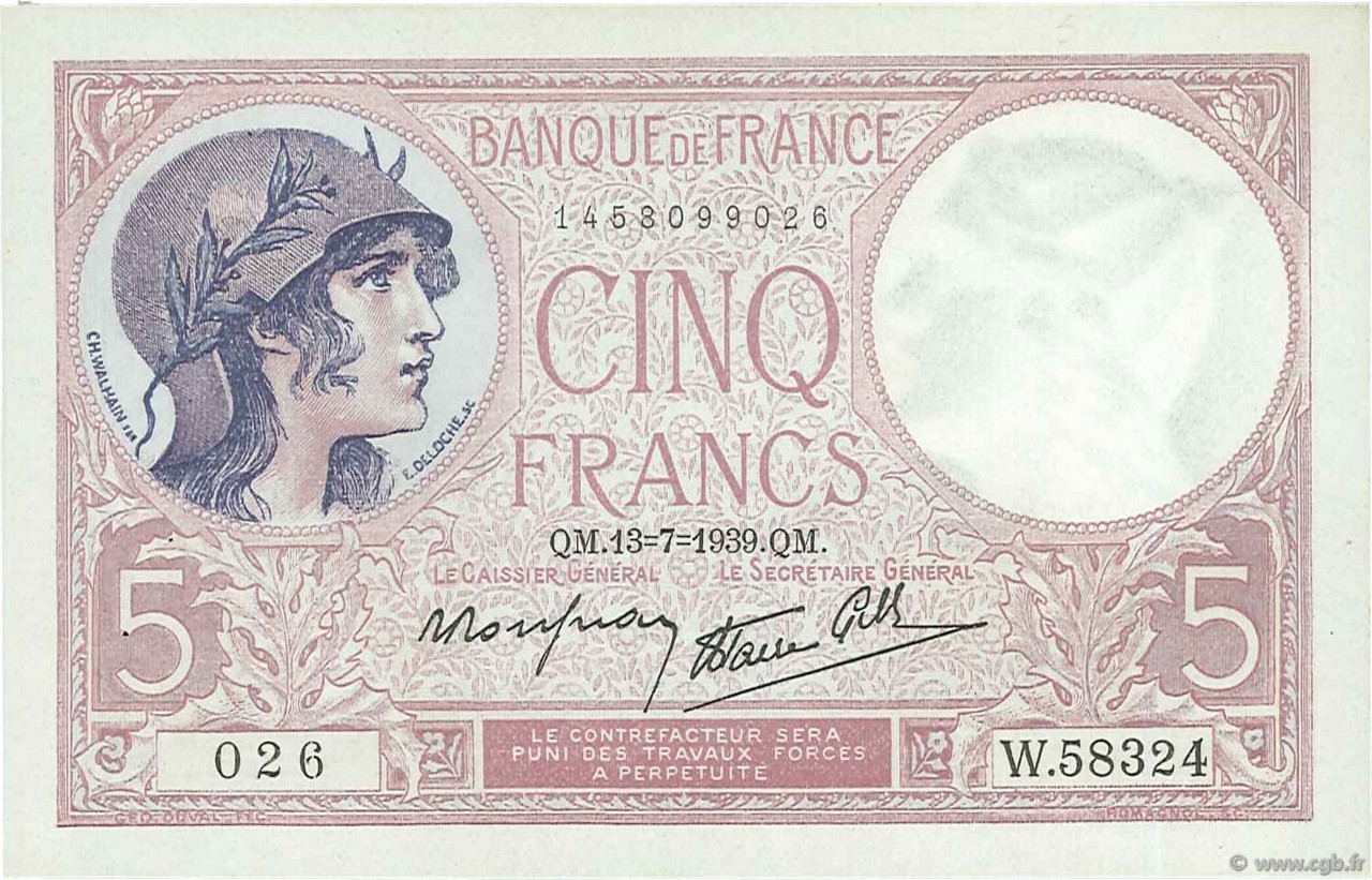 5 Francs FEMME CASQUÉE modifié FRANCE  1939 F.04.01 SPL