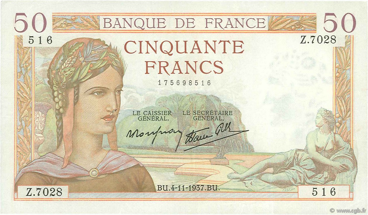 50 Francs CÉRÈS modifié FRANCE  1937 F.18.04 TTB+