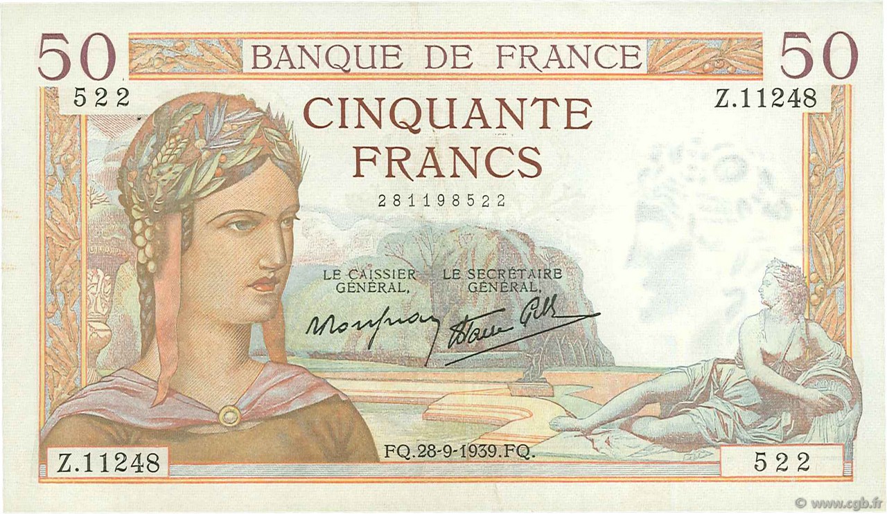50 Francs CÉRÈS modifié FRANCE  1939 F.18.32 SUP