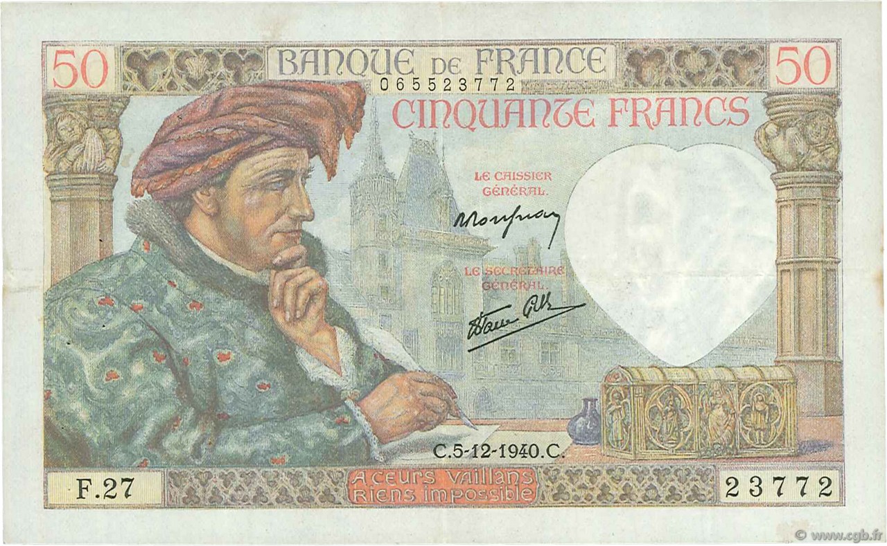 50 Francs JACQUES CŒUR FRANCE  1940 F.19.04 TTB
