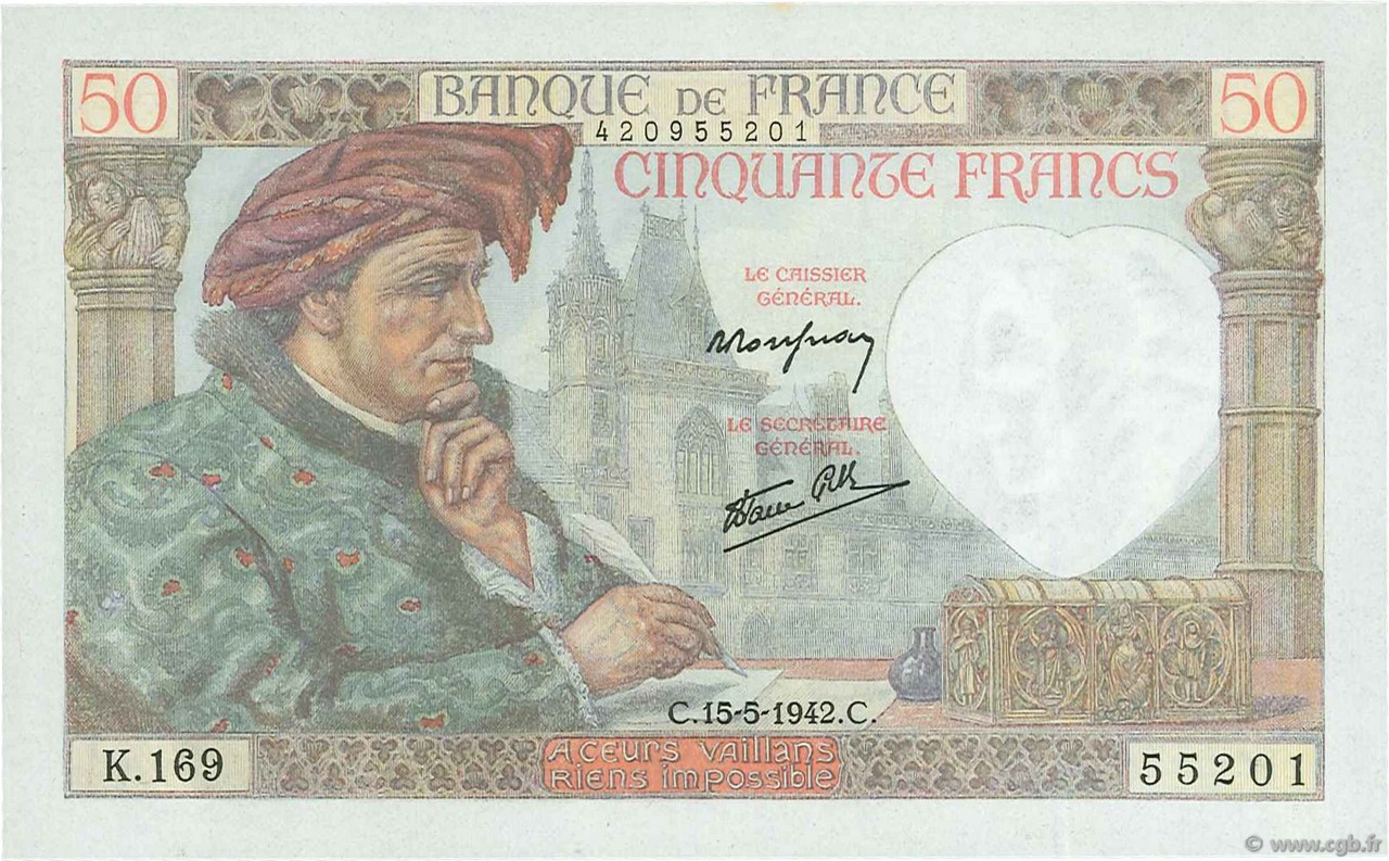 50 Francs JACQUES CŒUR FRANCE  1942 F.19.20 Pr.NEUF