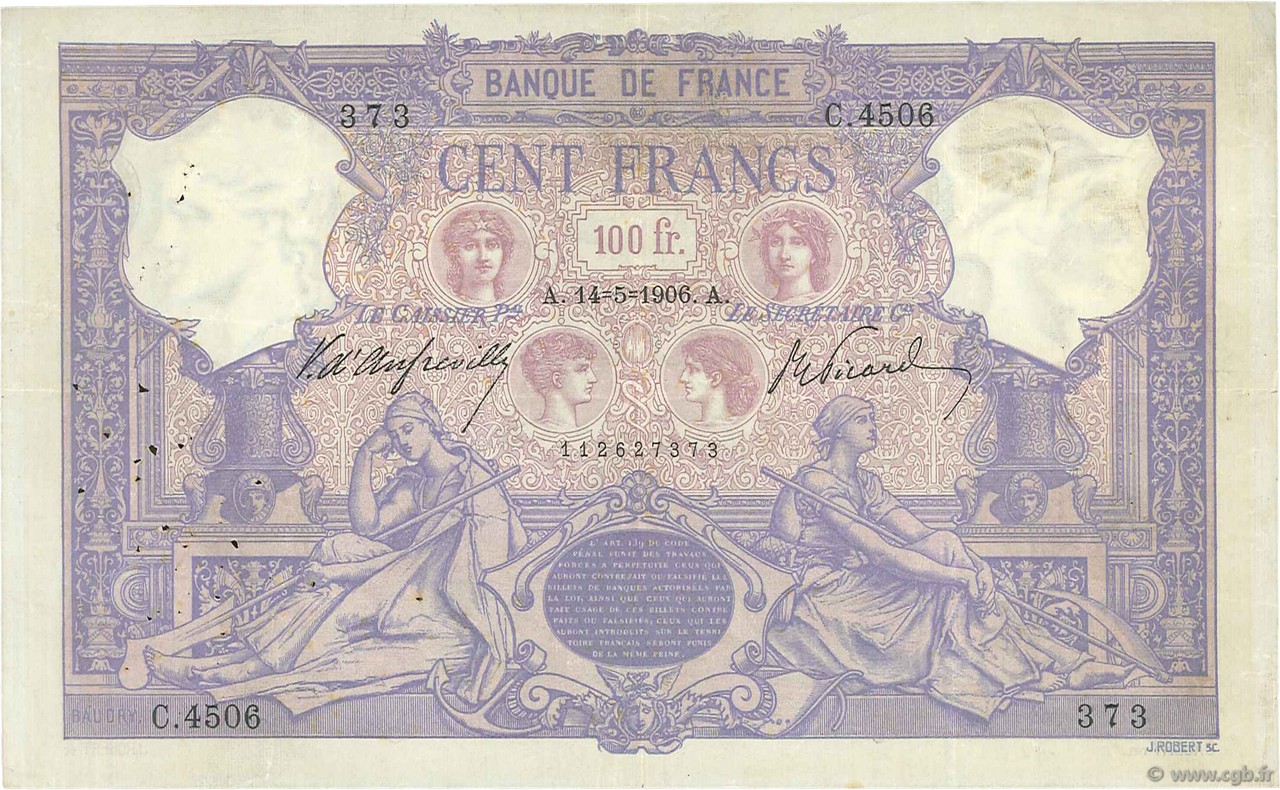 100 Francs BLEU ET ROSE FRANCE  1906 F.21.20 TB