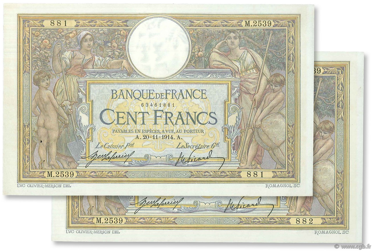 100 Francs LUC OLIVIER MERSON sans LOM Consécutifs FRANCE  1914 F.23.06 SUP+