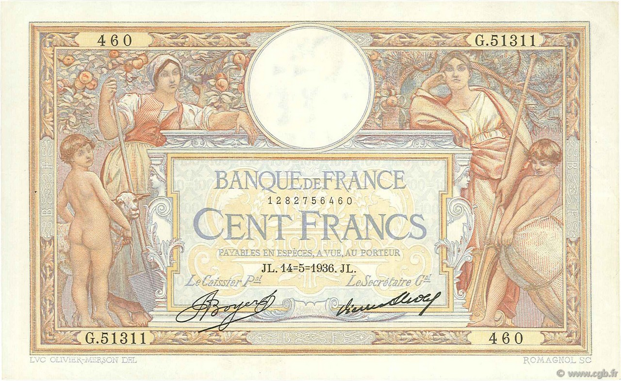 100 Francs LUC OLIVIER MERSON grands cartouches FRANCE  1936 F.24.15 SUP