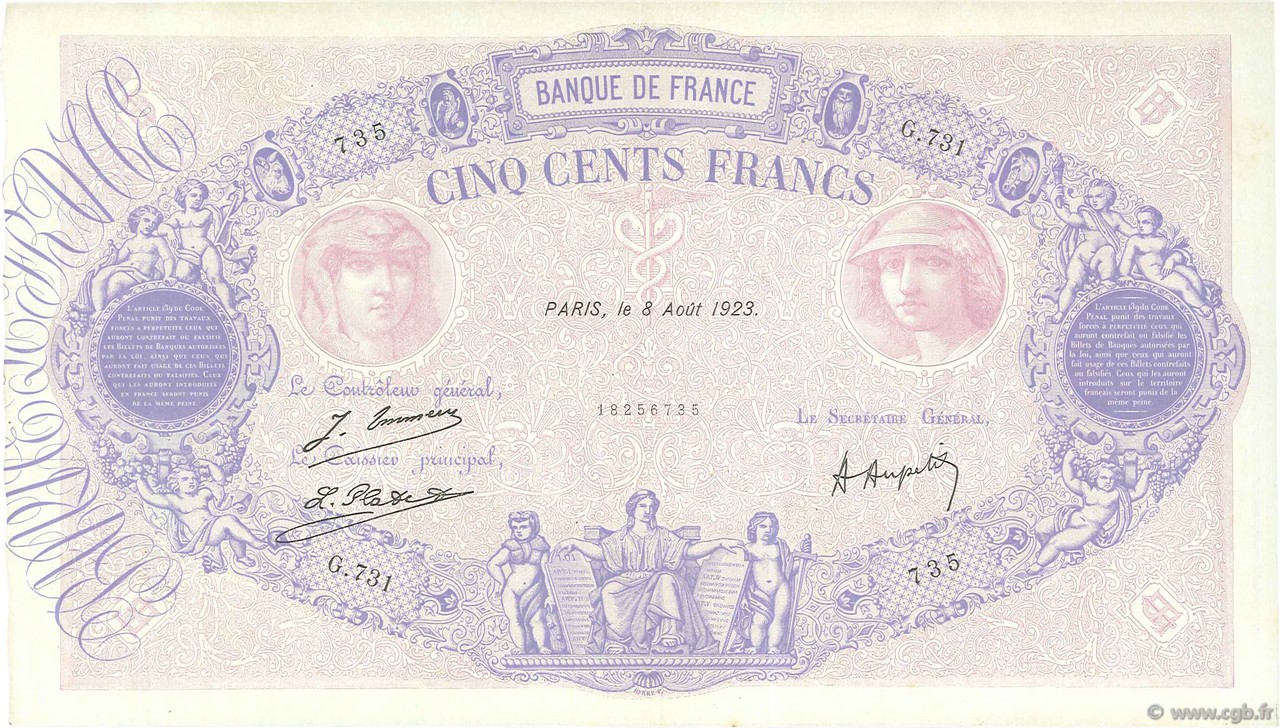 500 Francs BLEU ET ROSE FRANCE  1923 F.30.27 VF - XF