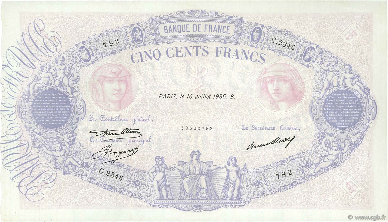 500 Francs BLEU ET ROSE FRANCE  1936 F.30.37 SUP