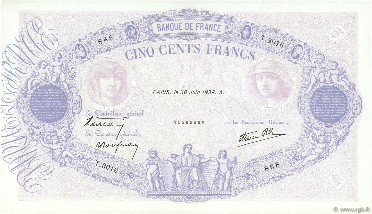 500 Francs BLEU ET ROSE modifié FRANCE  1938 F.31.17 SUP