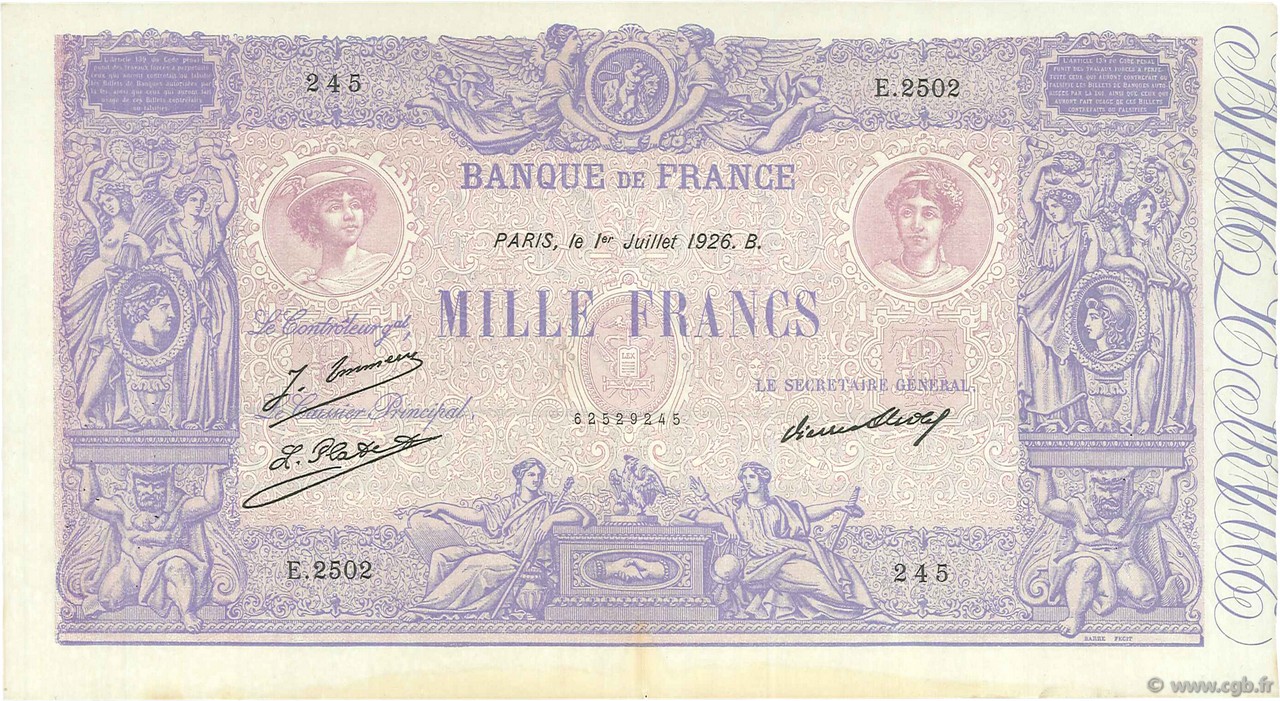 1000 Francs BLEU ET ROSE FRANCE  1926 F.36.43 TTB+