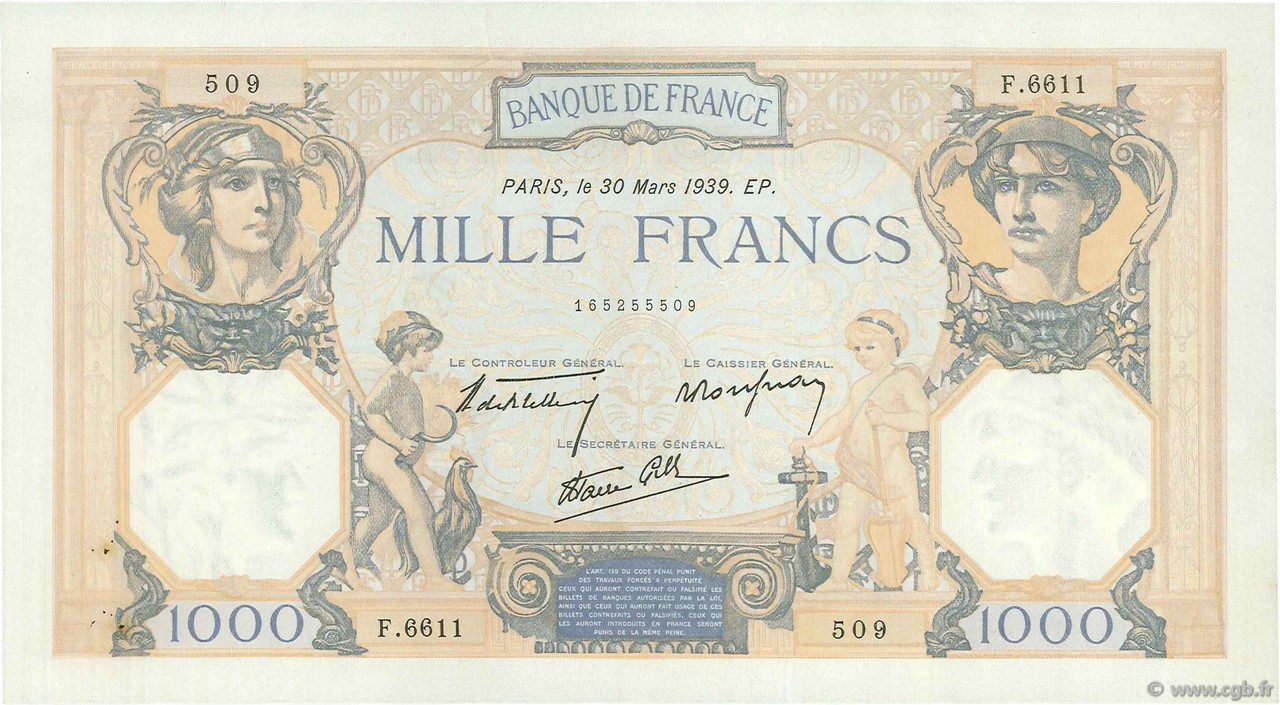 1000 Francs CÉRÈS ET MERCURE type modifié FRANCE  1939 F.38.35 pr.SUP