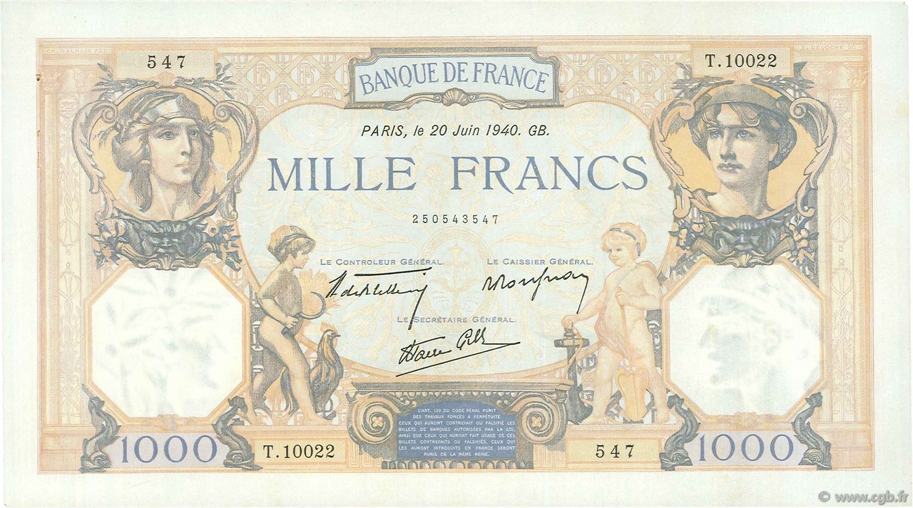 1000 Francs CÉRÈS ET MERCURE type modifié FRANCE  1940 F.38.49 SUP+