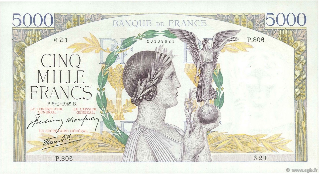 5000 Francs VICTOIRE Impression à plat FRANCE  1942 F.46.32 pr.SPL