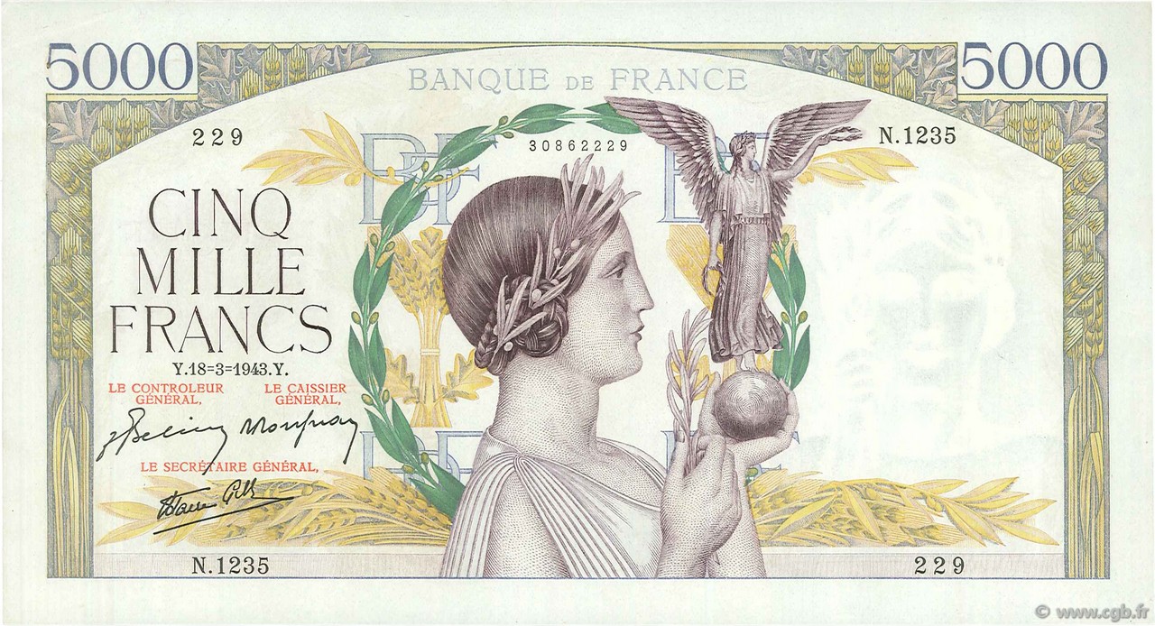 5000 Francs VICTOIRE Impression à plat FRANCE  1943 F.46.49 pr.SPL