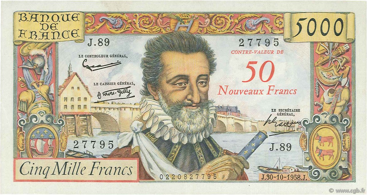 50 NF sur 5000 Francs HENRI IV FRANCE  1958 F.54.01 pr.SUP