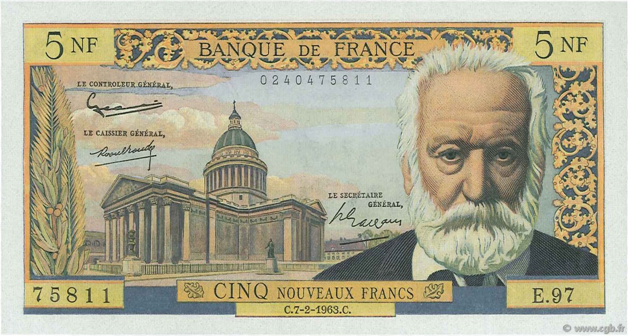 5 Nouveaux Francs VICTOR HUGO FRANCE  1963 F.56.13 pr.NEUF