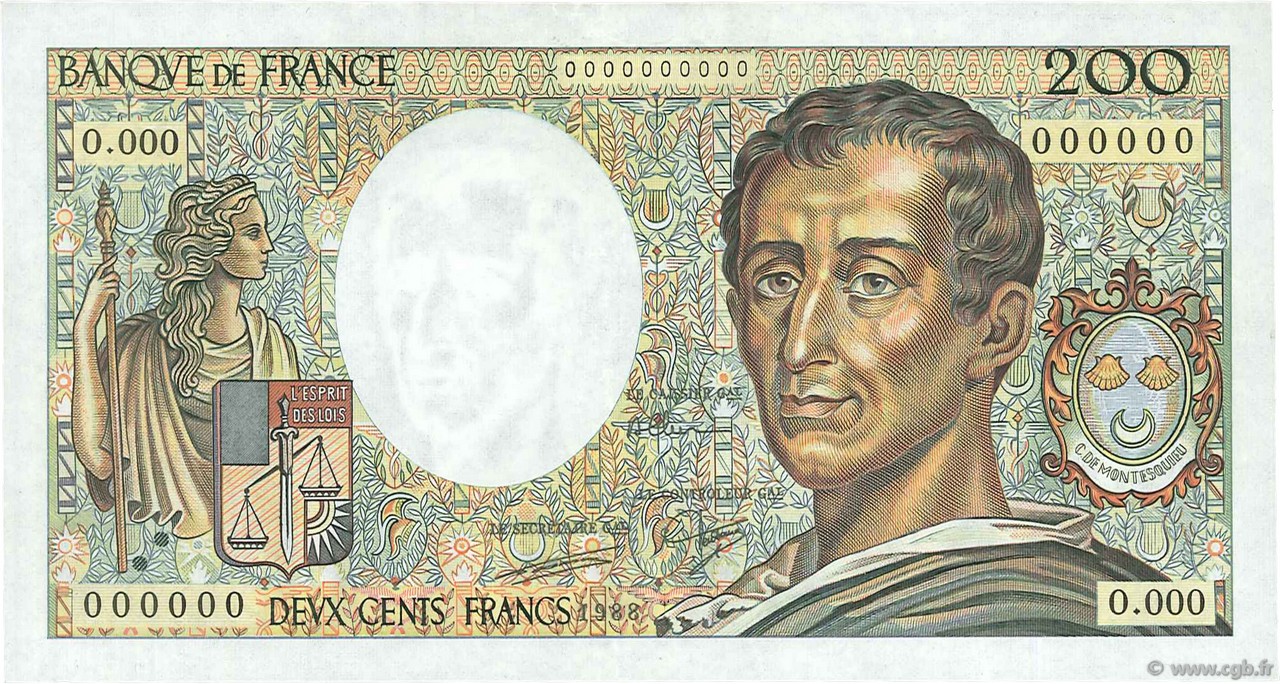200 Francs MONTESQUIEU FRANCE  1988 F.70.08S SUP+