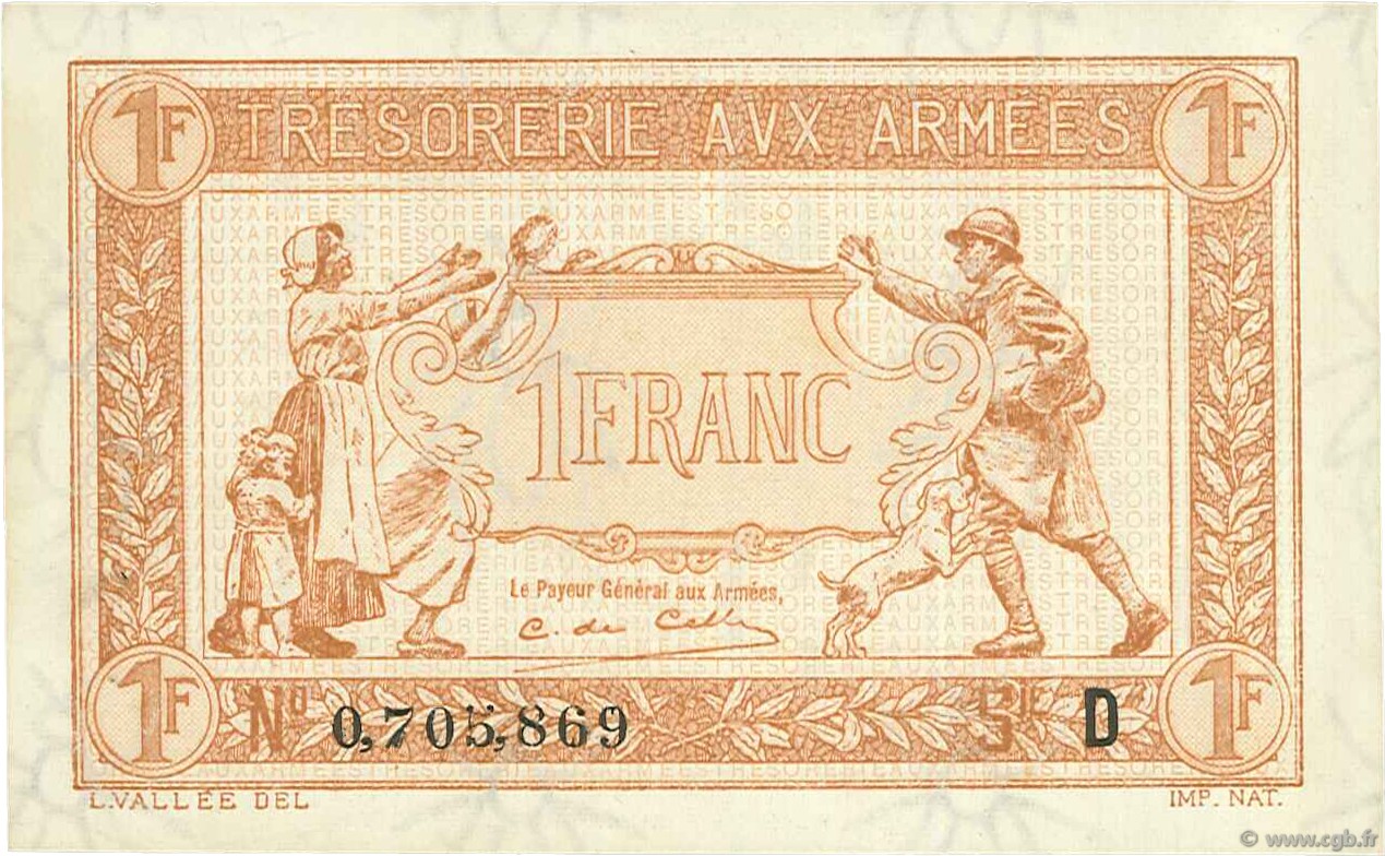 1 Franc TRÉSORERIE AUX ARMÉES 1917 FRANCE  1917 VF.03.04 SPL