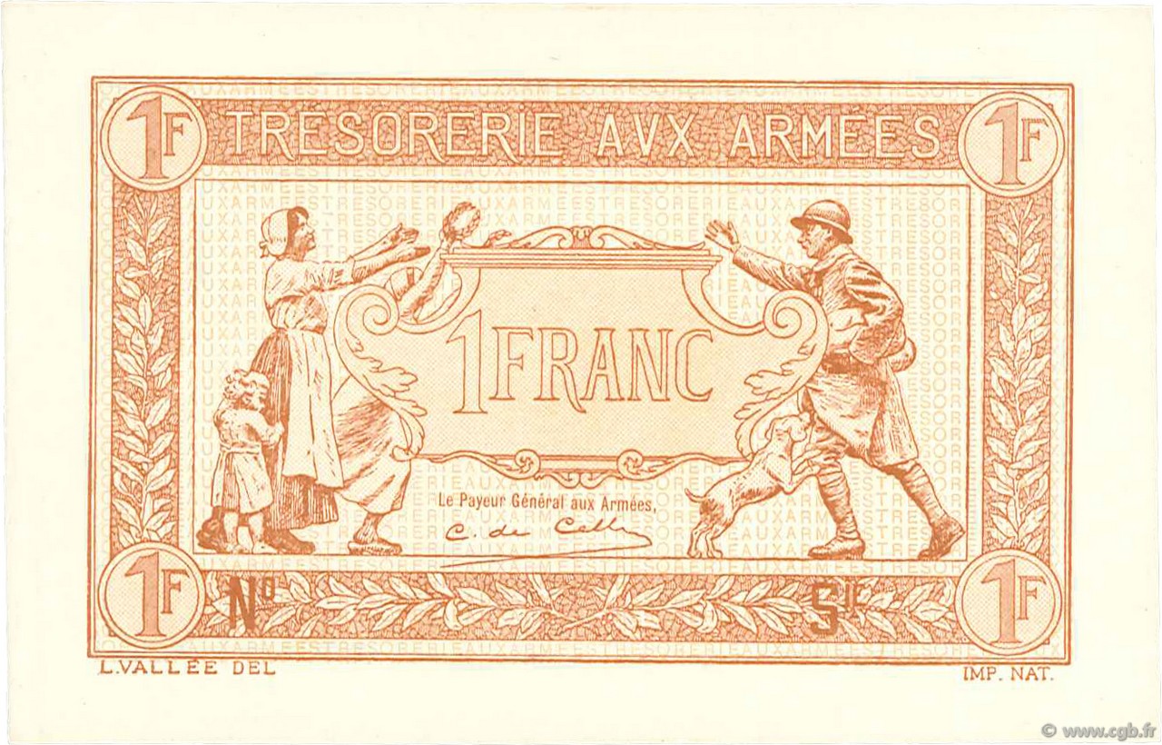 1 Franc TRÉSORERIE AUX ARMÉES 1917 FRANCE  1917 VF.03.00Ec NEUF
