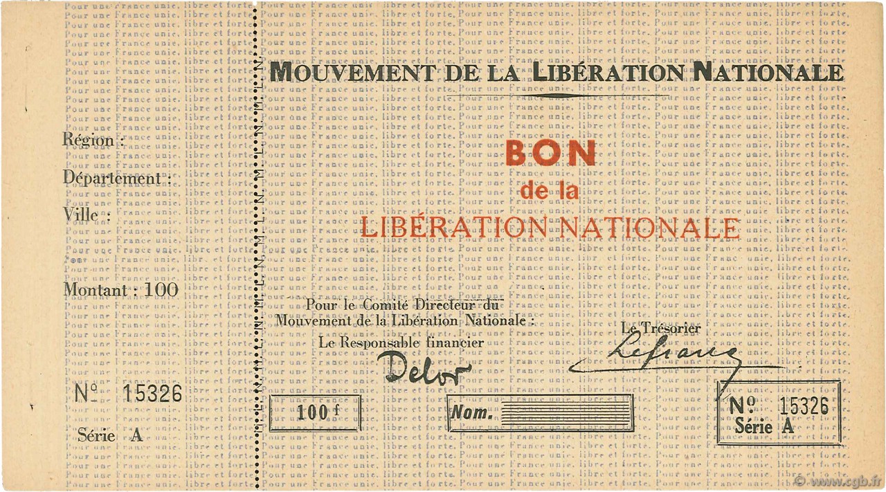100 Francs FRANCE regionalismo e varie  1944 - AU