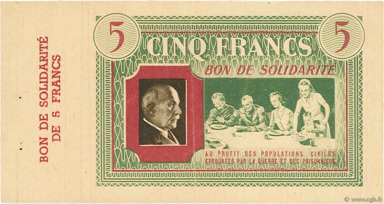 5 Francs BON DE SOLIDARITÉ FRANCE régionalisme et divers  1941 - SPL