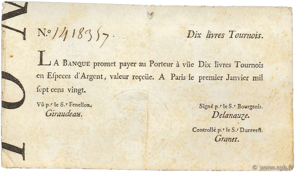 10 Livres Tournois FRANCE  1720 Dor.21 TTB+