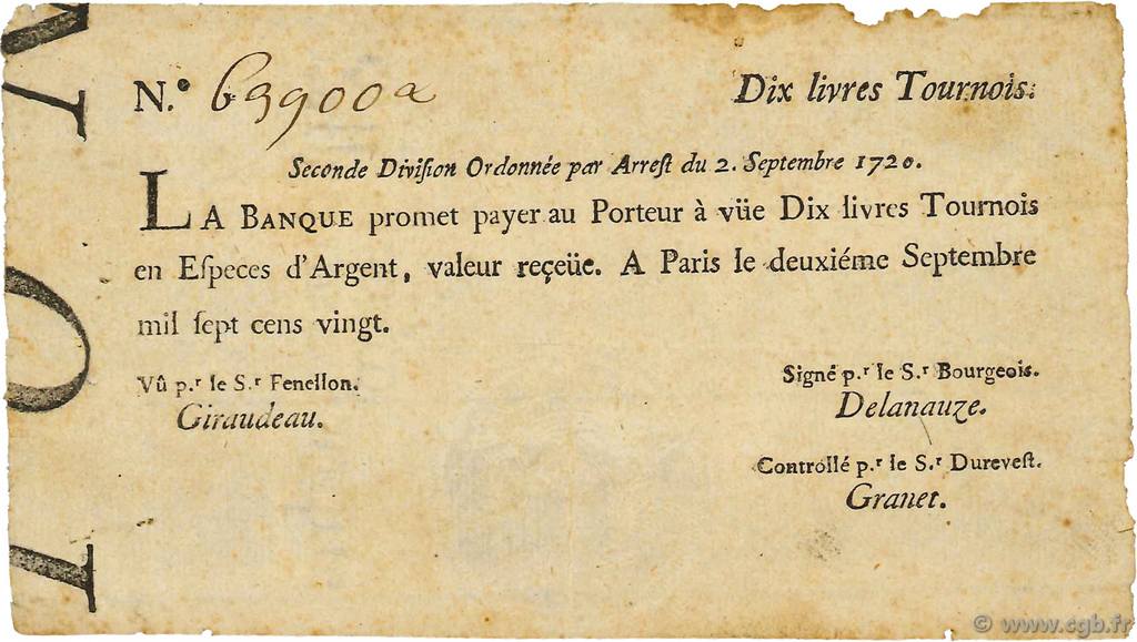 10 Livres Tournois FRANCE  1720 Dor.23 TTB