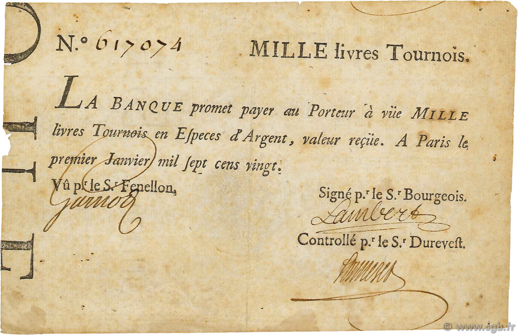 1000 Livres Tournois FRANCE  1720 Dor.29 TB à TTB