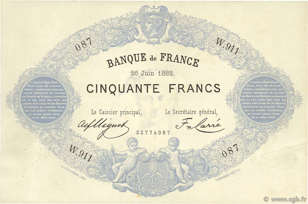 50 Francs type 1868 Indices Noirs FRANCE  1882 F.A38.12 SUP