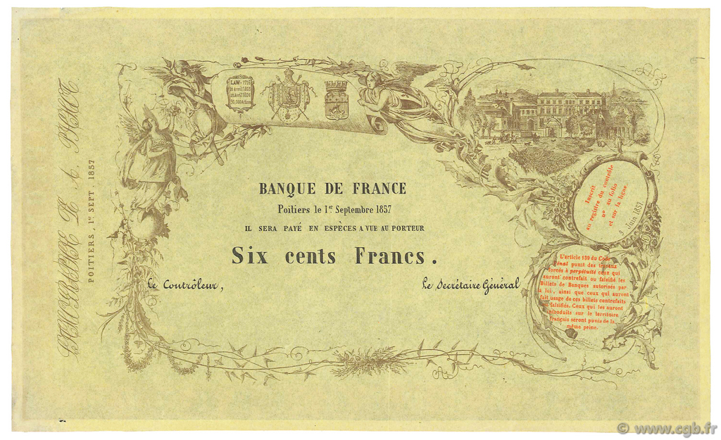 600 Francs POITIERS FRANCE  1857 F.A- SPL