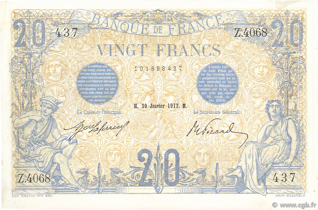 20 Francs BLEU FRANCE  1913 F.10.03 TTB à SUP
