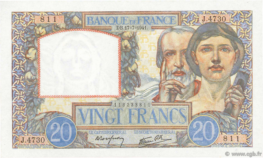 20 Francs TRAVAIL ET SCIENCE FRANCE  1941 F.12.16 NEUF
