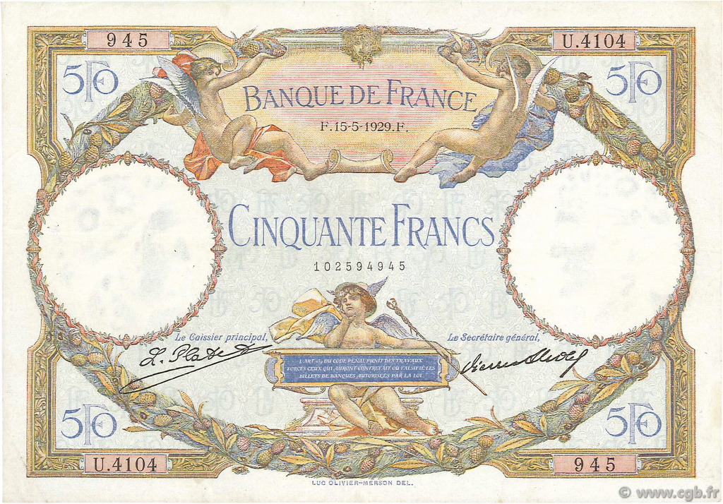 50 Francs LUC OLIVIER MERSON FRANCE  1929 F.15.03 TB à TTB