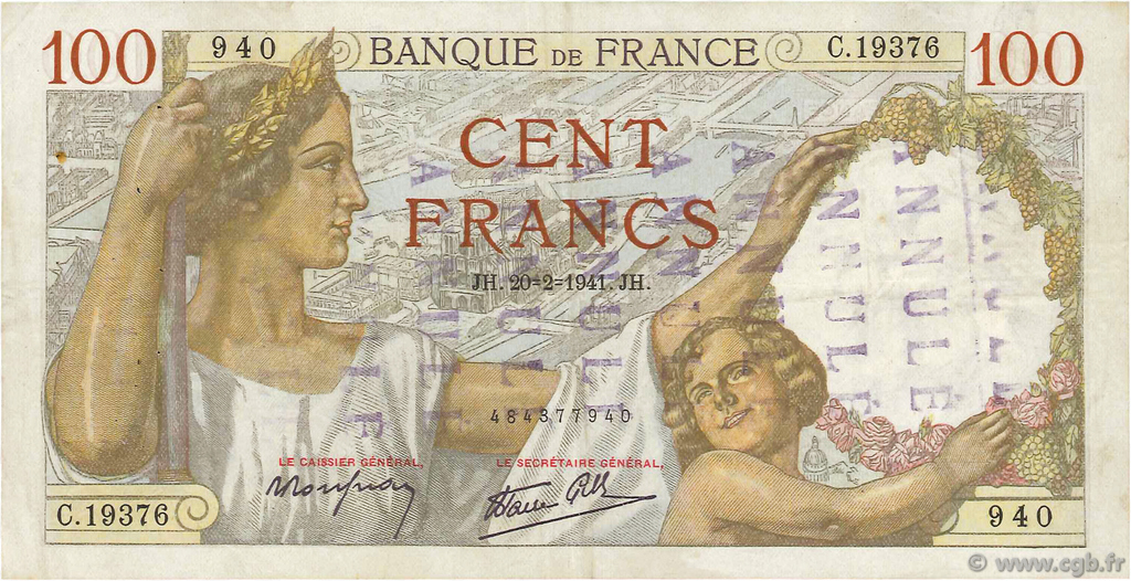 100 Francs SULLY FRANCE  1941 F.26.47 TTB
