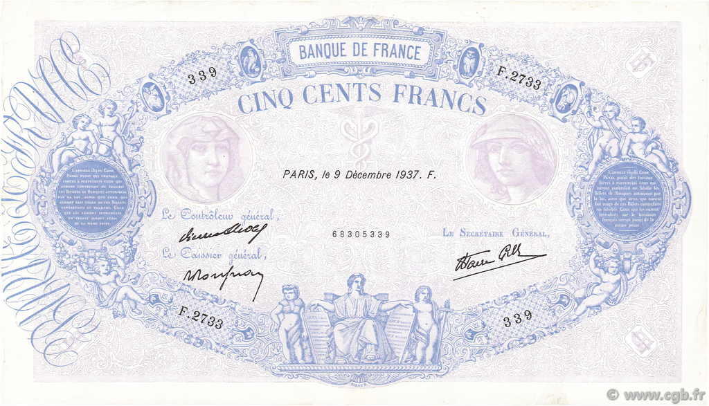 500 Francs BLEU ET ROSE modifié FRANCE  1937 F.31.05 TTB+