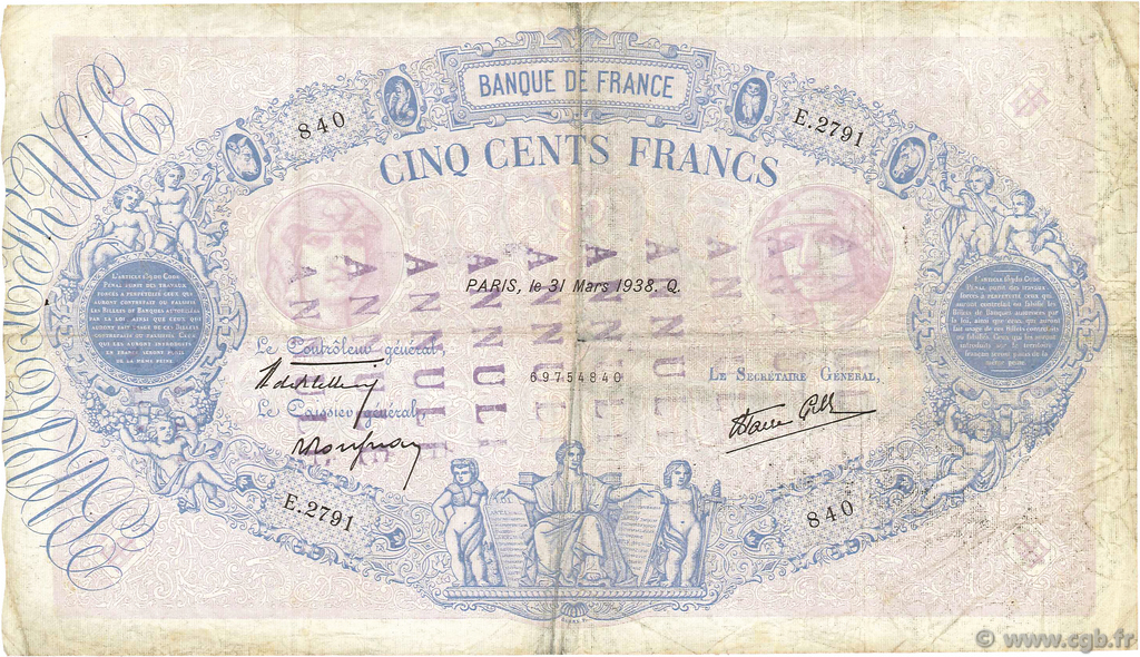 500 Francs BLEU ET ROSE modifié FRANCE  1938 F.31.07 TB