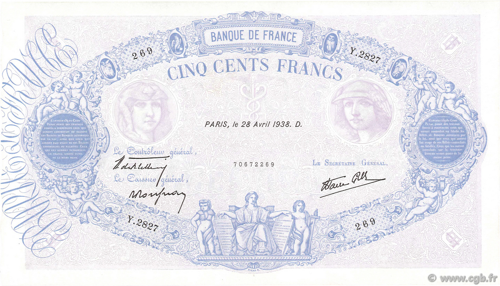 500 Francs BLEU ET ROSE modifié FRANCE  1938 F.31.09 SUP