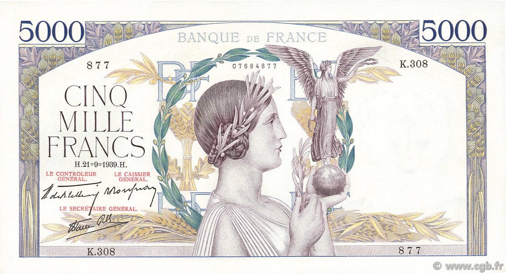 5000 Francs VICTOIRE Impression à plat FRANCE  1939 F.46.11 SUP